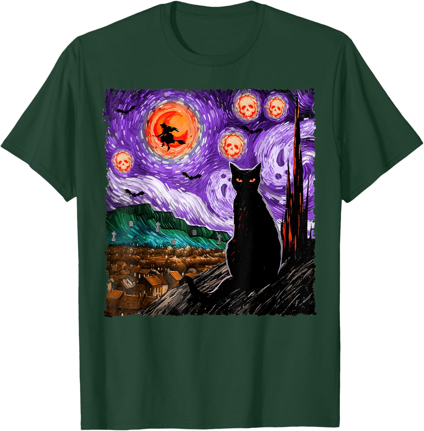 Halloween Starry Night Black Cat Kitten Spooky Ghost Witch T-Shirt - T-Shirt | Forest