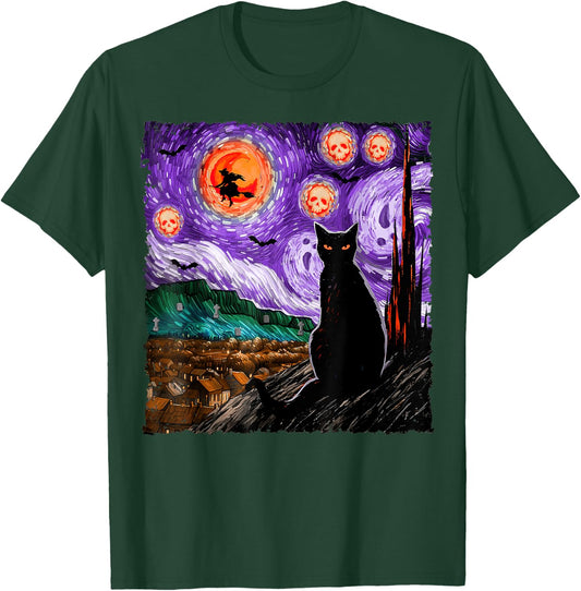 Halloween Starry Night Black Cat Kitten Spooky Ghost Witch T-Shirt - T-Shirt | Forest