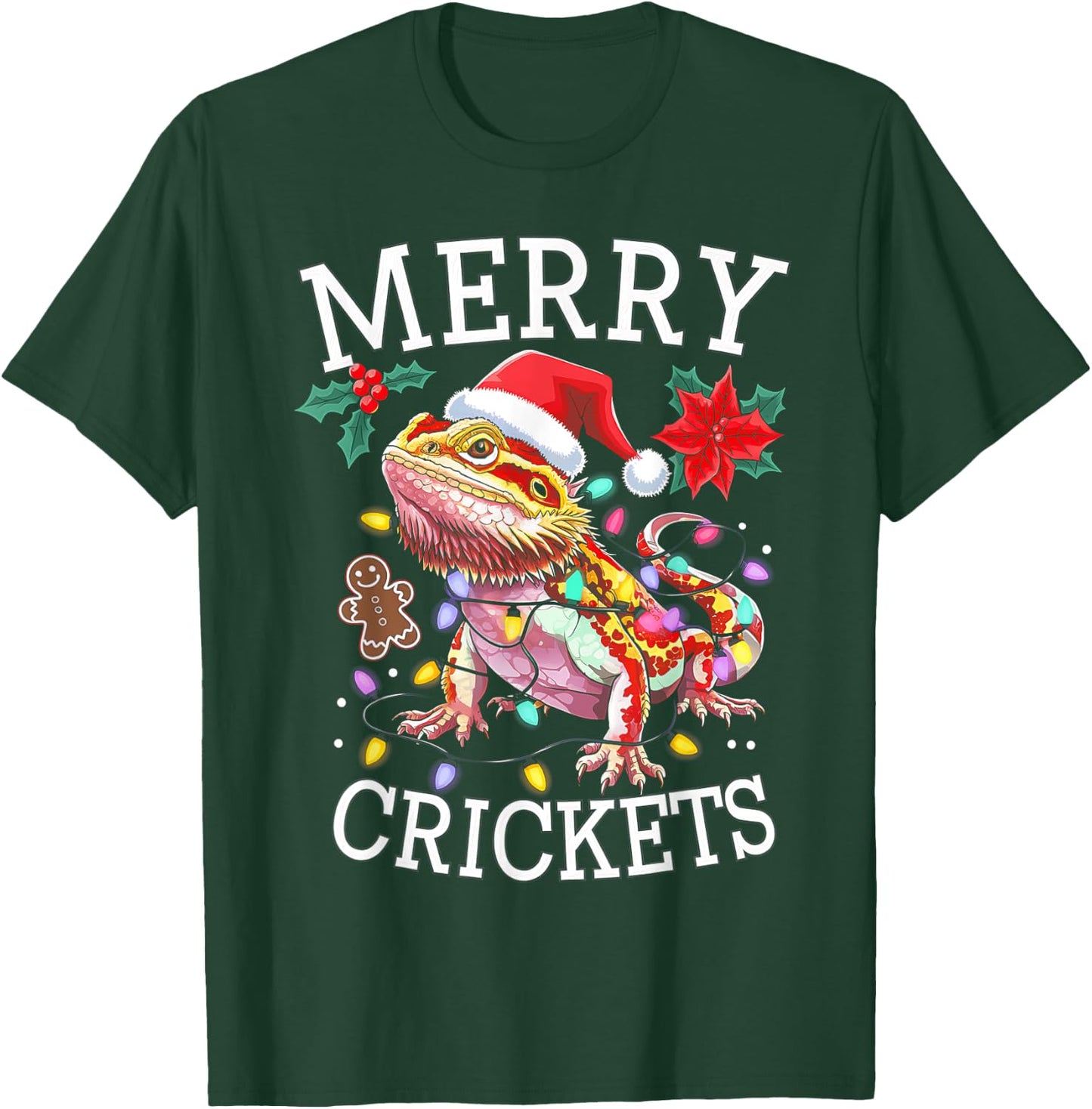Bearded Dragon Christmas Lights Merry Crickets T-Shirt - T-Shirt | Forest