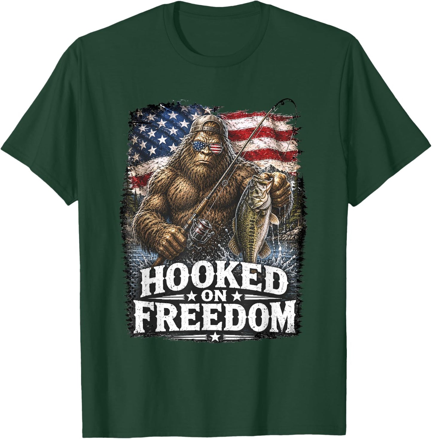 Hooked On Freedom Bigfoot Fishing Patriotic USA T-Shirt - T-Shirt | Forest