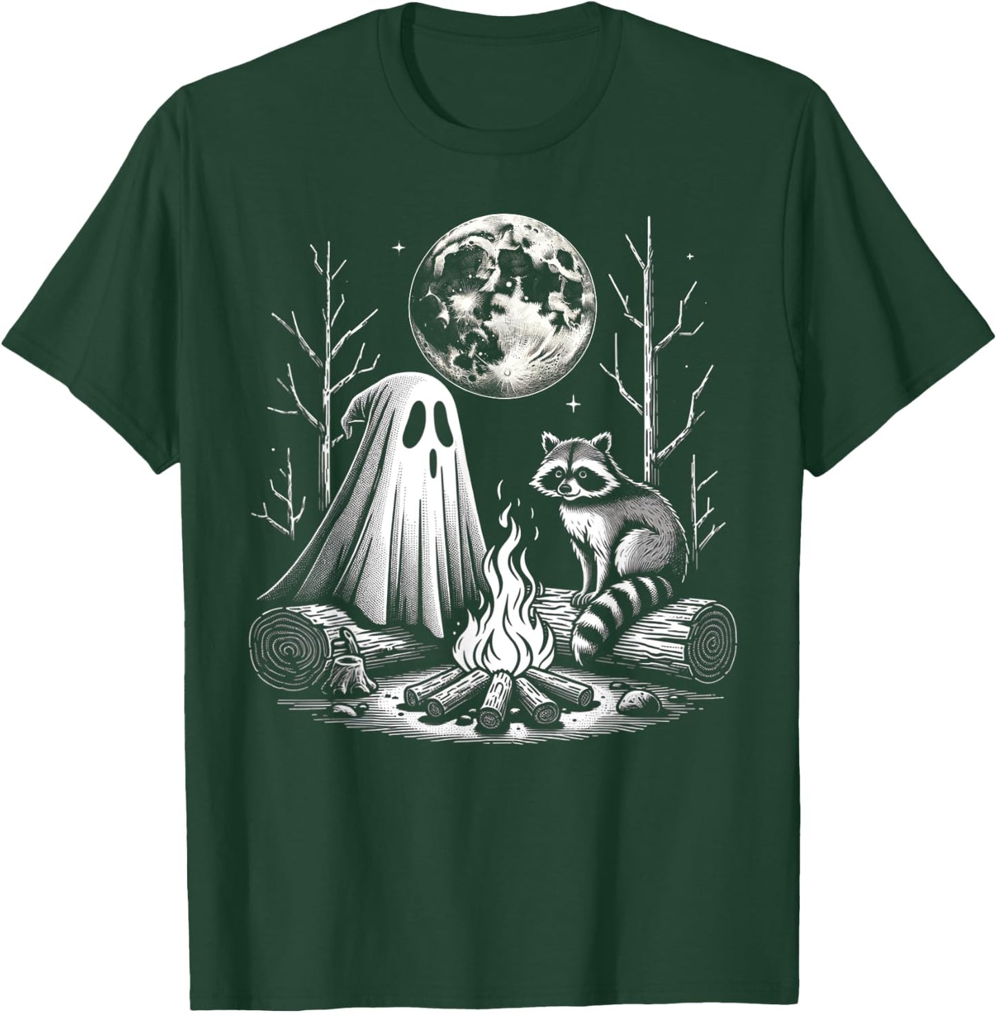 Funny Ghost With Raccoon For Campfire Lovers Halloween Vibes T-Shirt - T-Shirt | Forest