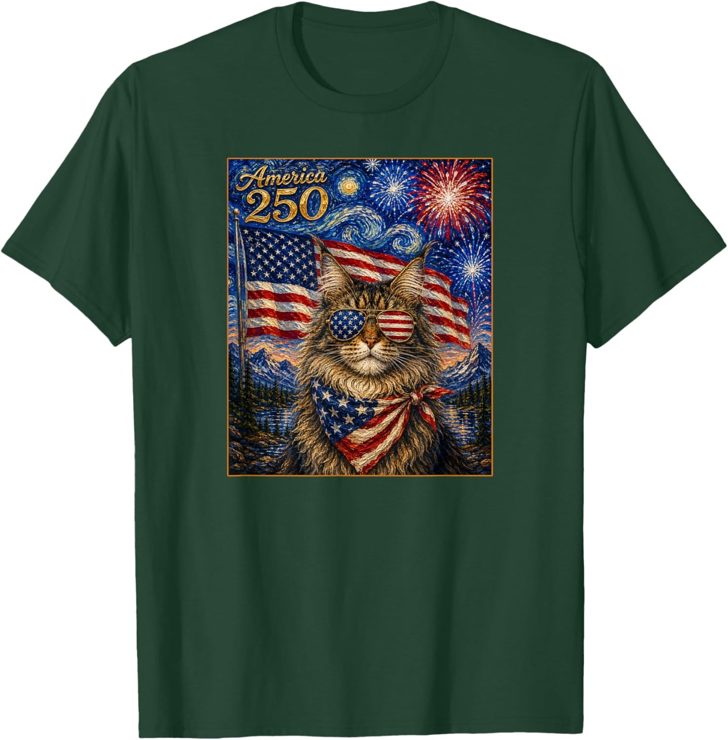 Main Coon Cat Art America 250 Anniversay 4 of July USA Flag T-Shirt - T-Shirt | Forest