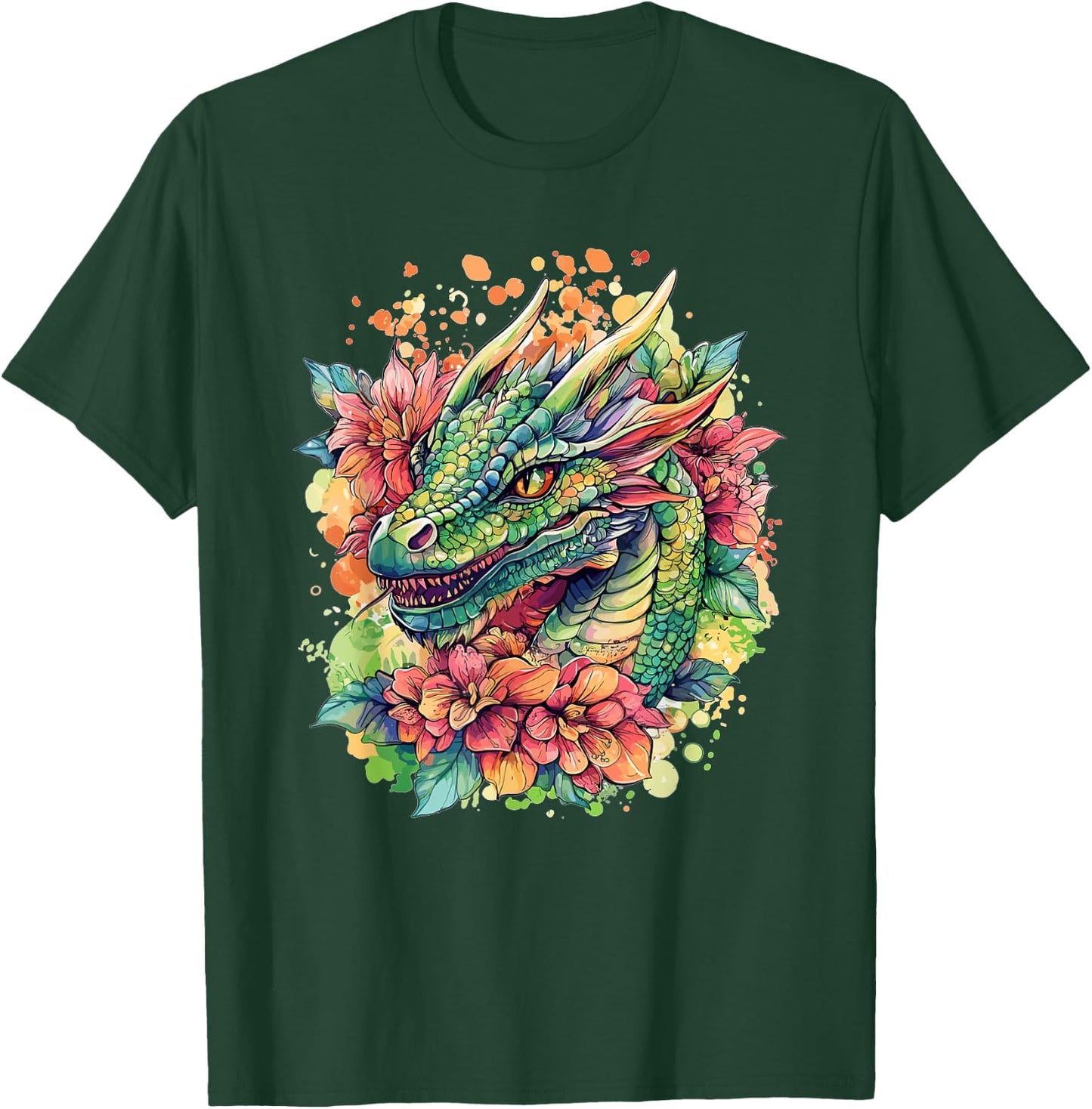 Colorful Dragon Surrounded By Flowers T-Shirt - T-Shirt | Forest