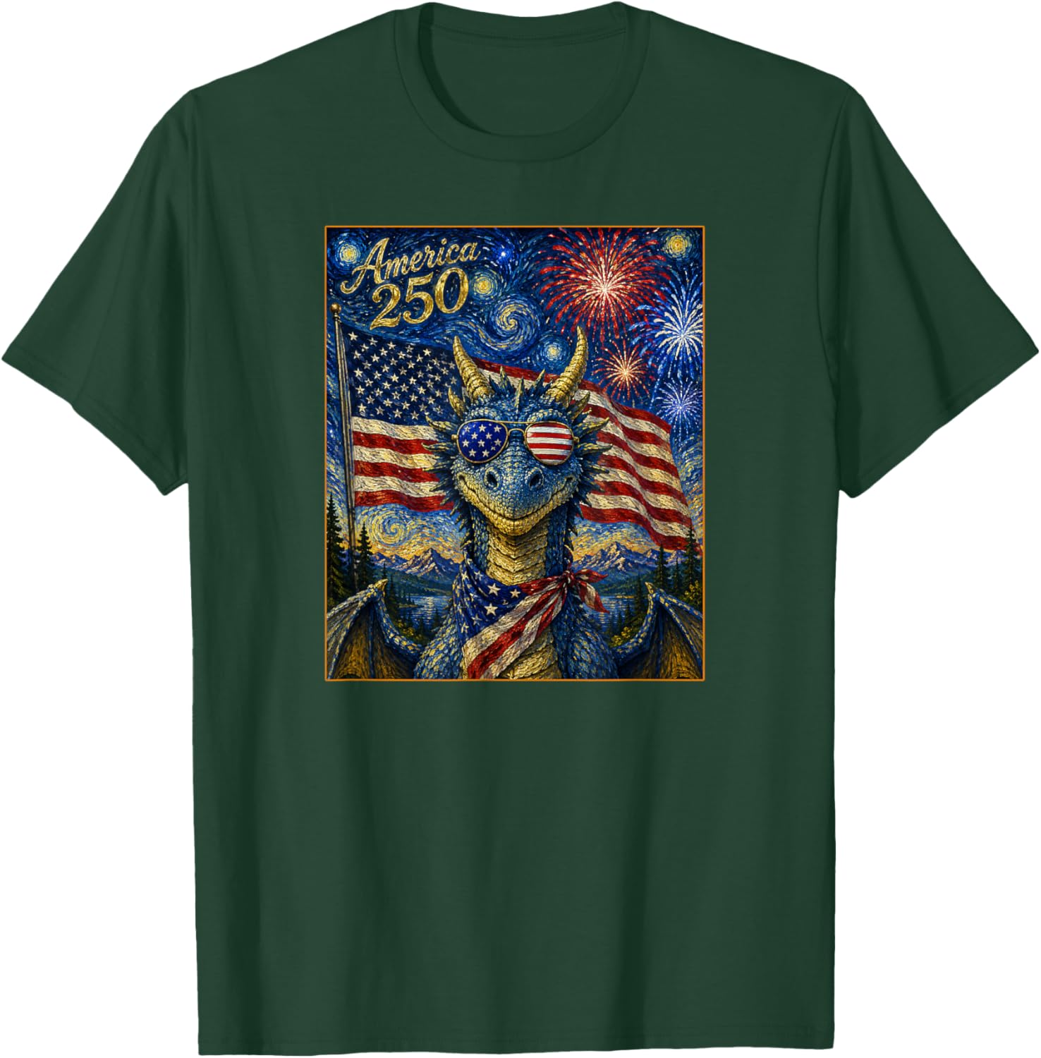 Dragon Art on America 250 Anniversay 4th of July USA Flag T-Shirt - T-Shirt | Forest