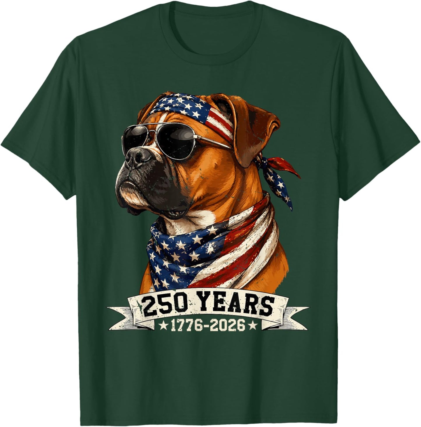 250 America Years 1776 2026 Boxer Dog USA Flag 4th of July T-Shirt - T-Shirt | Forest