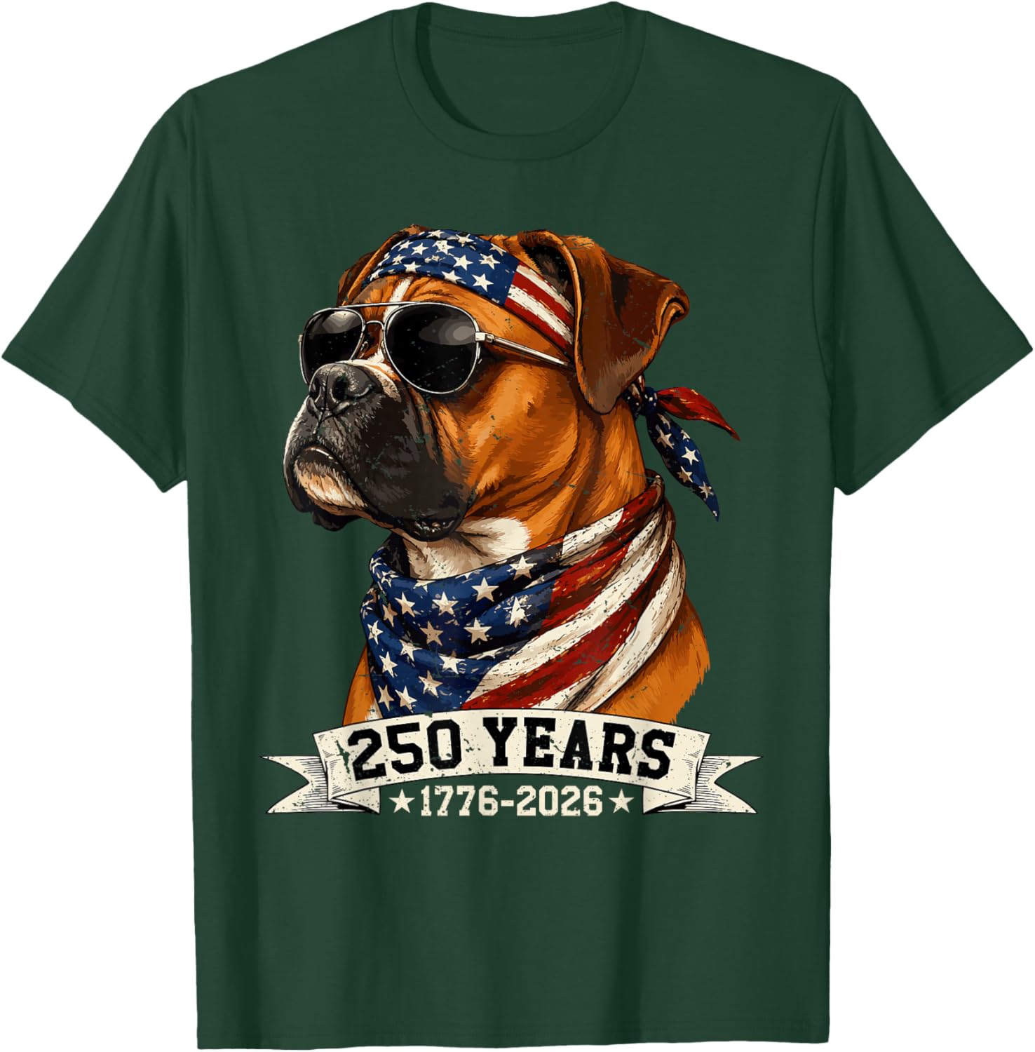 250 America Years 1776 2026 Boxer Dog USA Flag 4th of July T-Shirt - T-Shirt | Forest