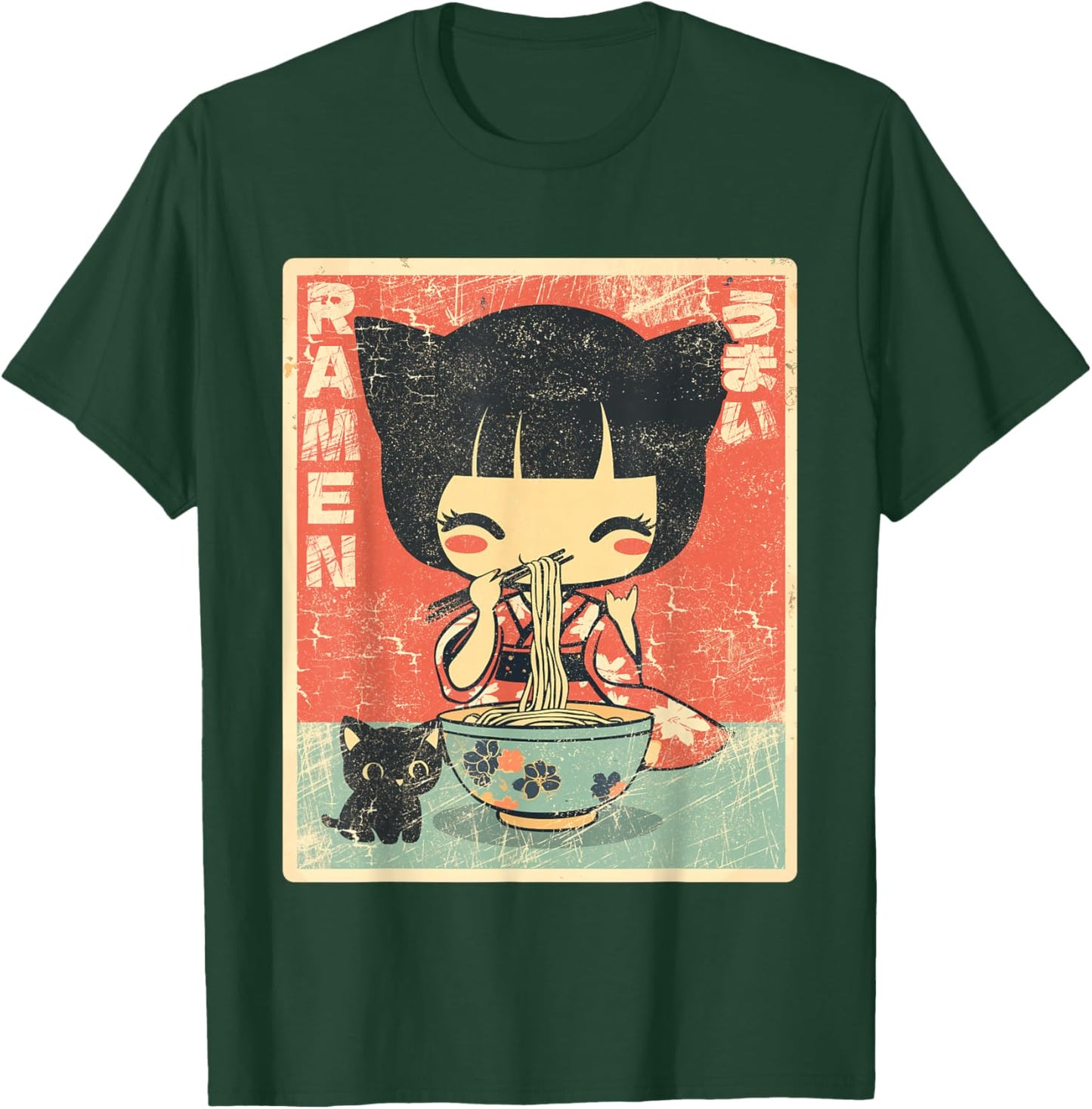 Japanese Kawaii Chibi Girl with Cat Ears Eating Ramen T-Shirt - T-Shirt | Forest