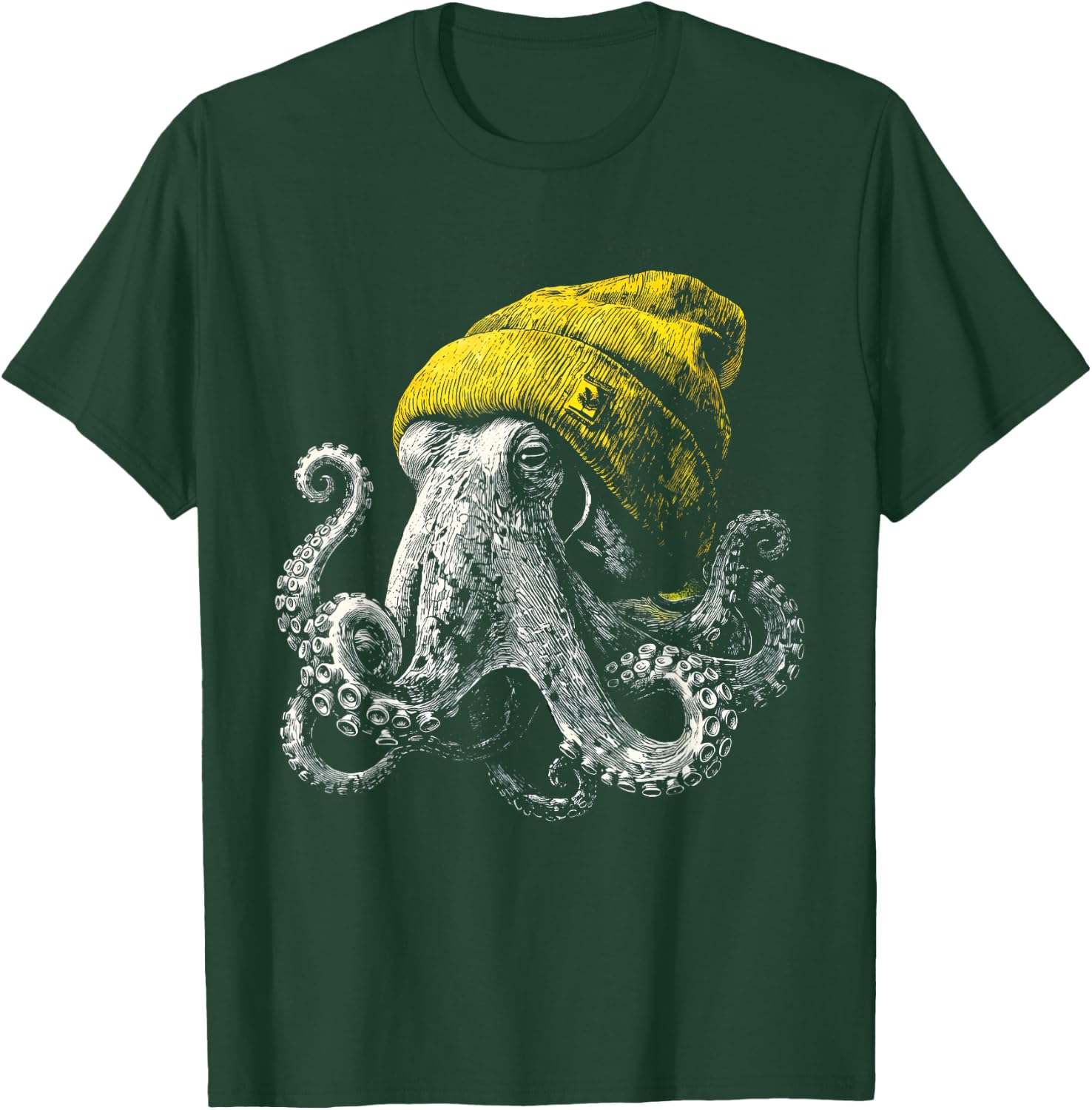Winter Octopus Wearing Beanie Cute Ocean Animal Art T-Shirt - T-Shirt | Forest