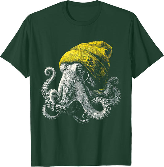 Winter Octopus Wearing Beanie Cute Ocean Animal Art T-Shirt - T-Shirt | Forest