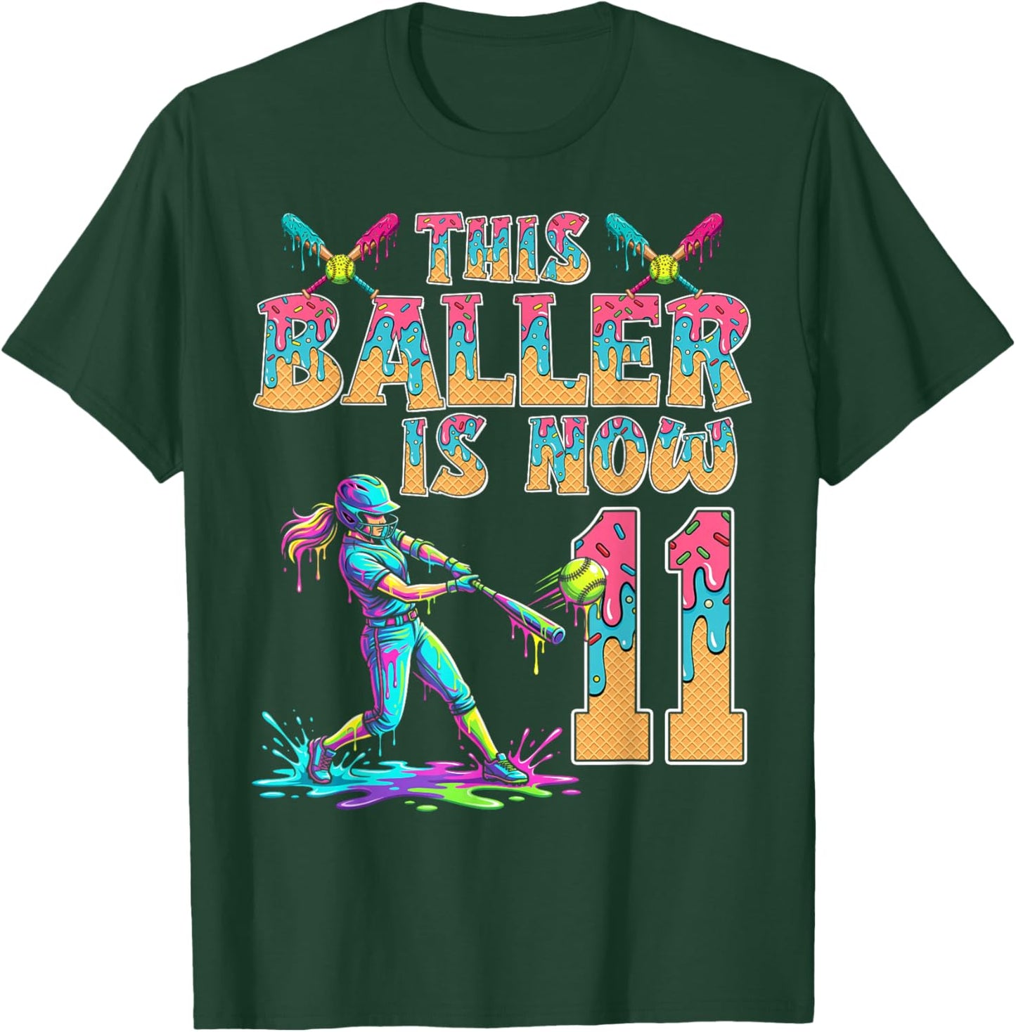 This Baller is Now 11 Years Old Birthday Girl Softball 11th T-Shirt - T-Shirt | Forest