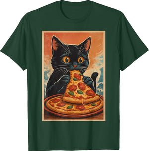 Funny Black Cat Eating Pizza Retro Japanese T-Shirt - T-Shirt | Forest
