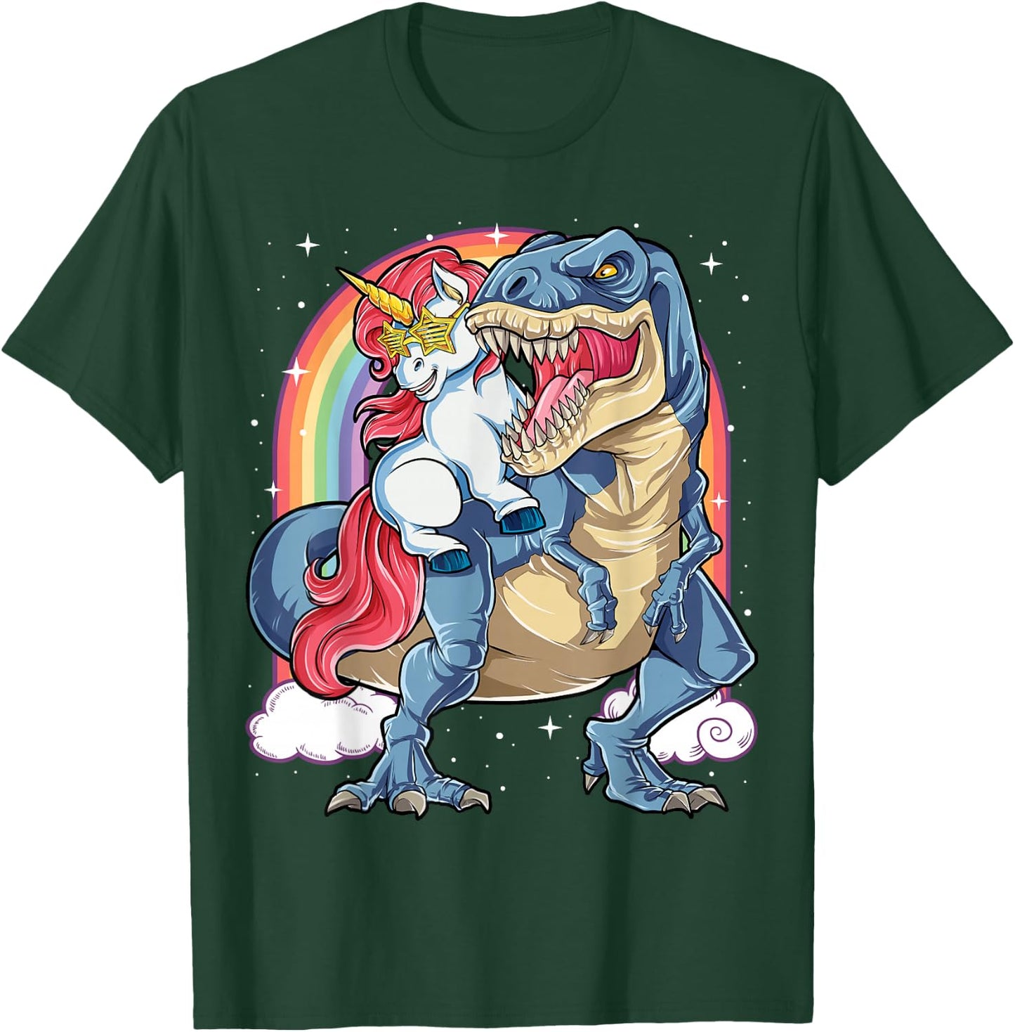 Unicorn Riding T rex Dinosaur Boys Girls Men Women Rainbow T-Shirt - T-Shirt | Forest