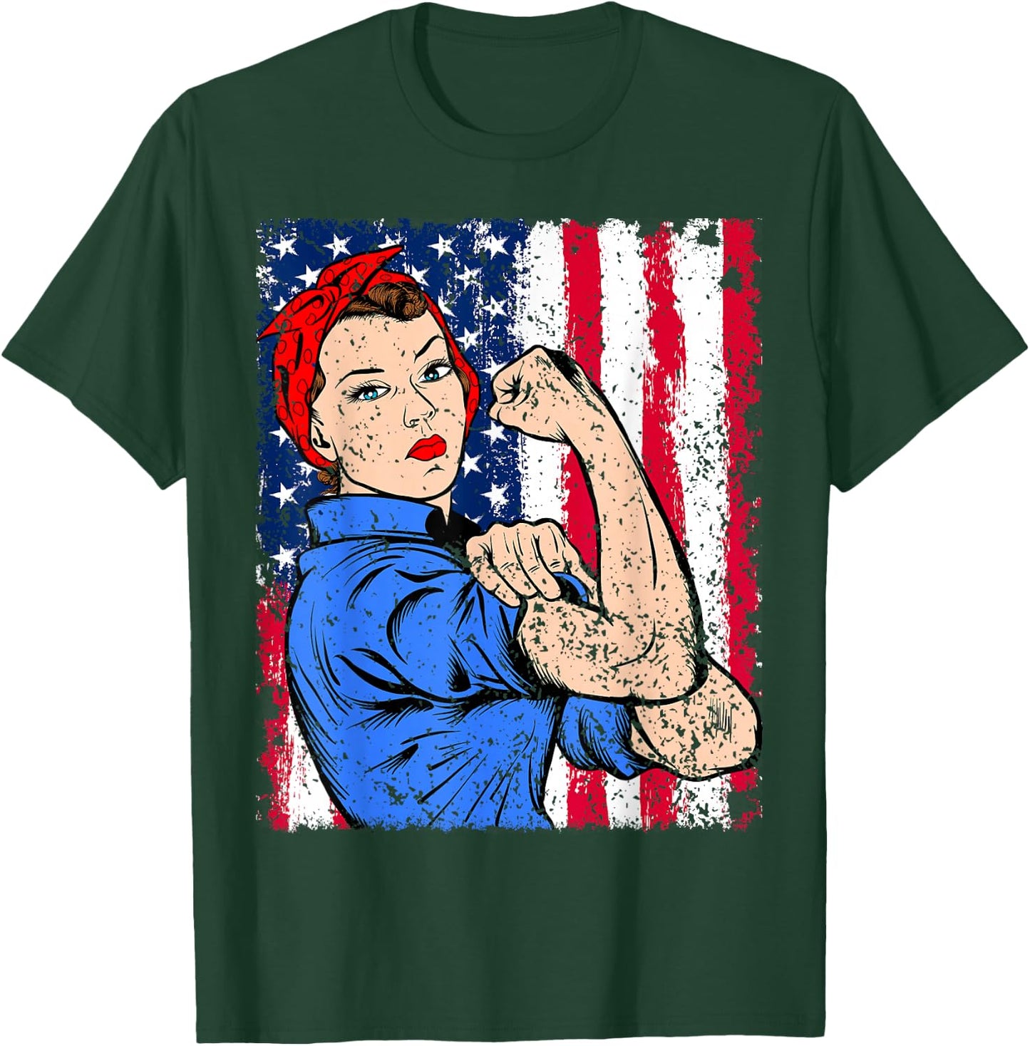 Rosie The Riveter Feminist Patriotic USA Flag 4th of July T-Shirt - T-Shirt | Forest
