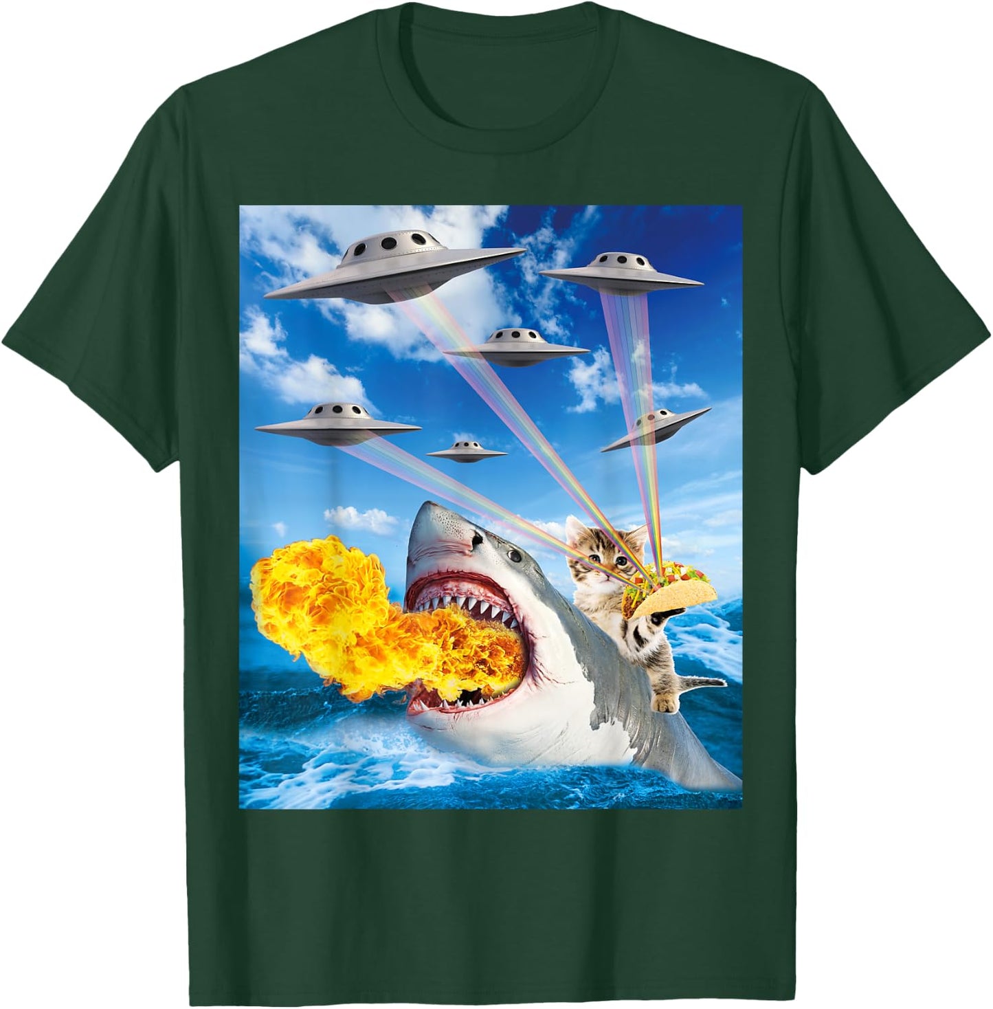Cat Riding Fire Breathe Shark Rainbow Laser Taco T-Shirt - T-Shirt | Forest