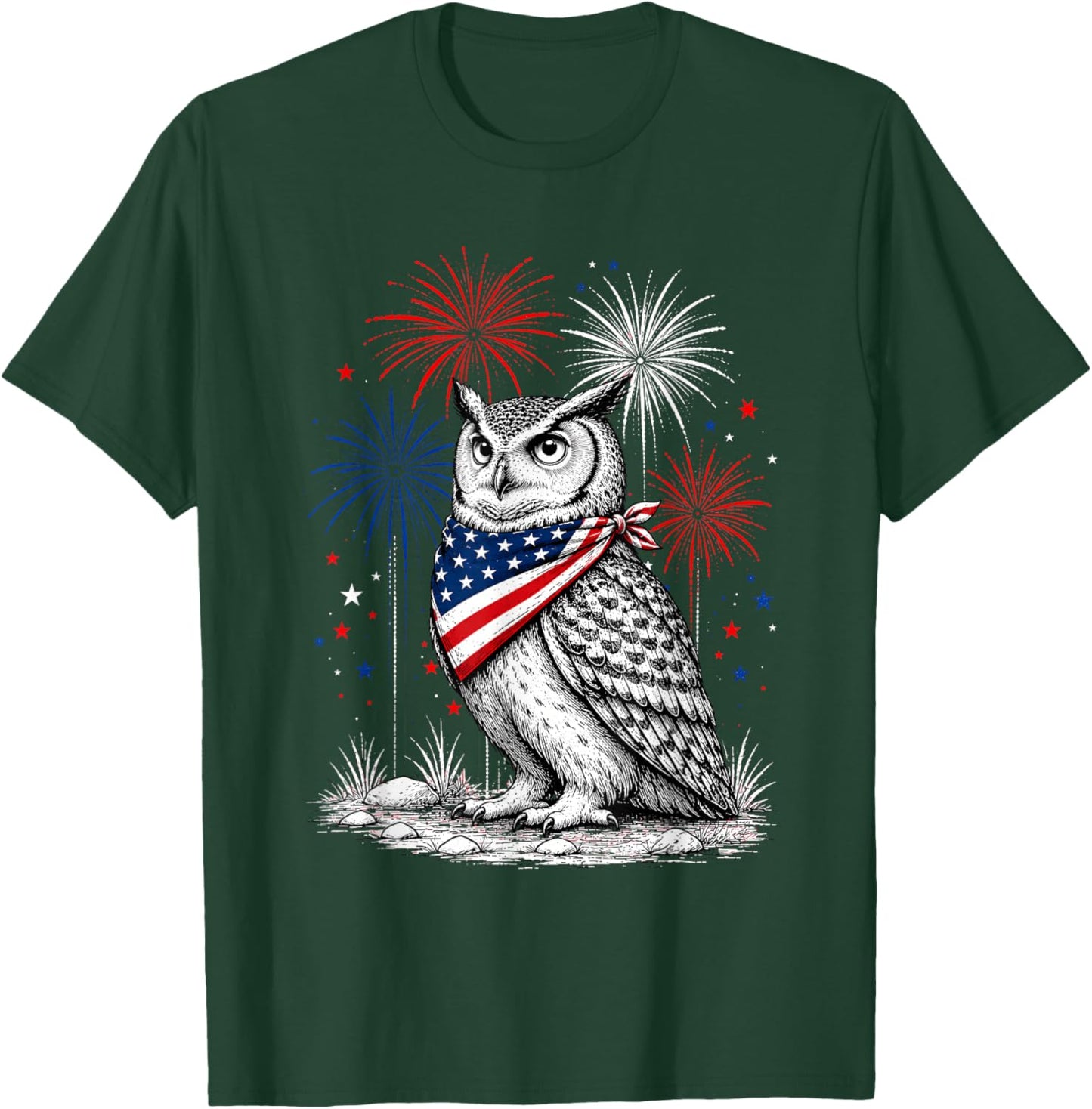 Owl America's 250th Patriotic Fireworks Animal Lovers T-Shirt - T-Shirt | Forest