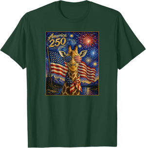Giraffe Art on America 250 Anniversay 4th of July USA Flag T-Shirt - T-Shirt | Forest