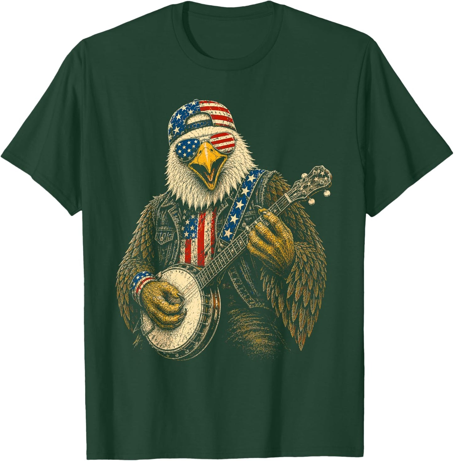 4th of July Patriotic Eagle Banjo 1776 2026 T-Shirt - T-Shirt | Forest