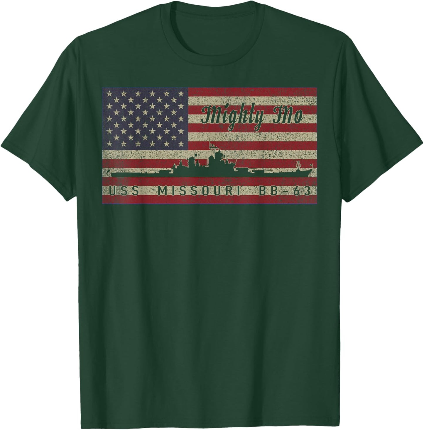 USS Missouri BB-63 Battleship Ship American Flag T-Shirt - T-Shirt | Forest