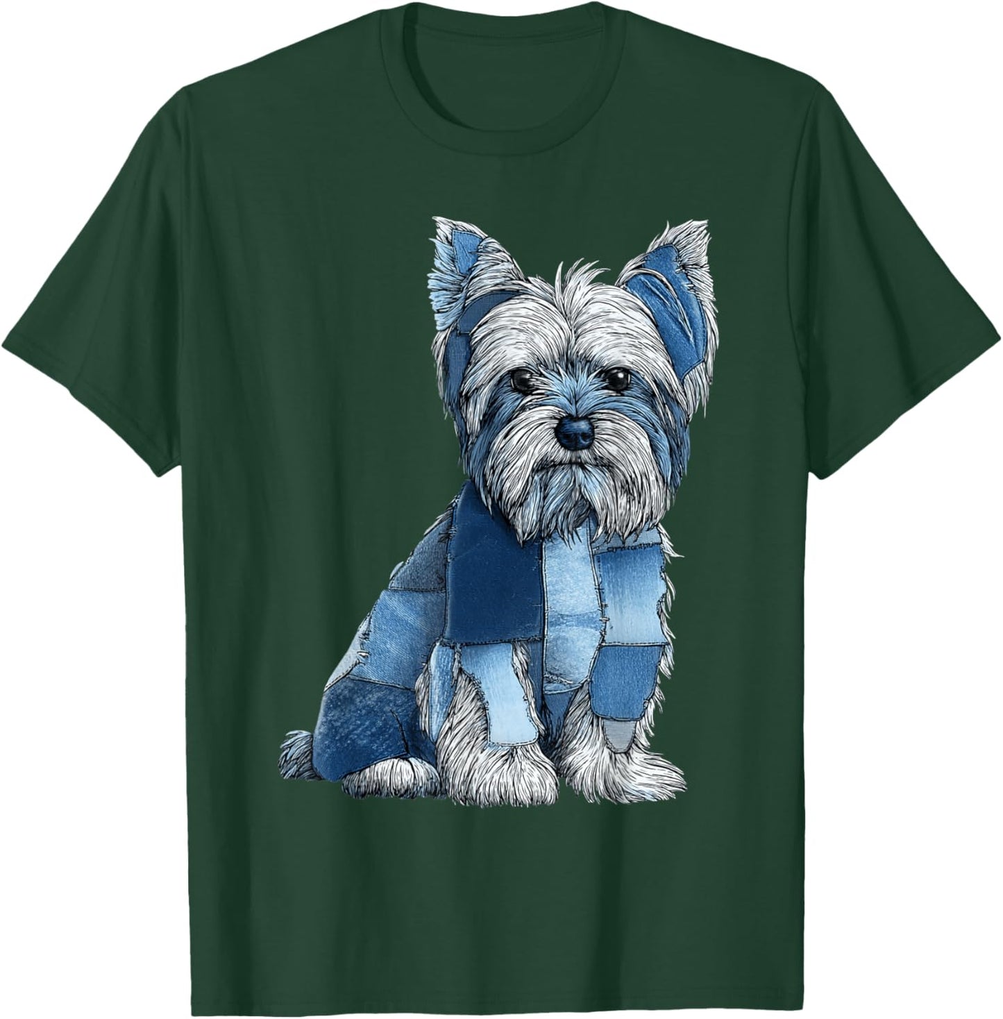 Funny Yorkshire Terrier Blue Denim Patchwork Graphic Animal T-Shirt - T-Shirt | Forest