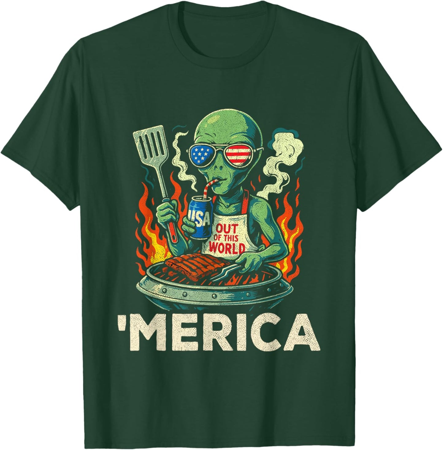 4th of July American Alien Grill - Merica USA - Funny Alien T-Shirt - T-Shirt | Forest