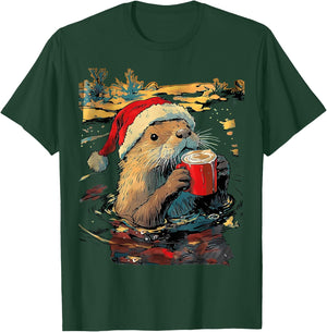 Christmas Otter Drinks Coffee Art Print T-Shirt - T-Shirt | Forest