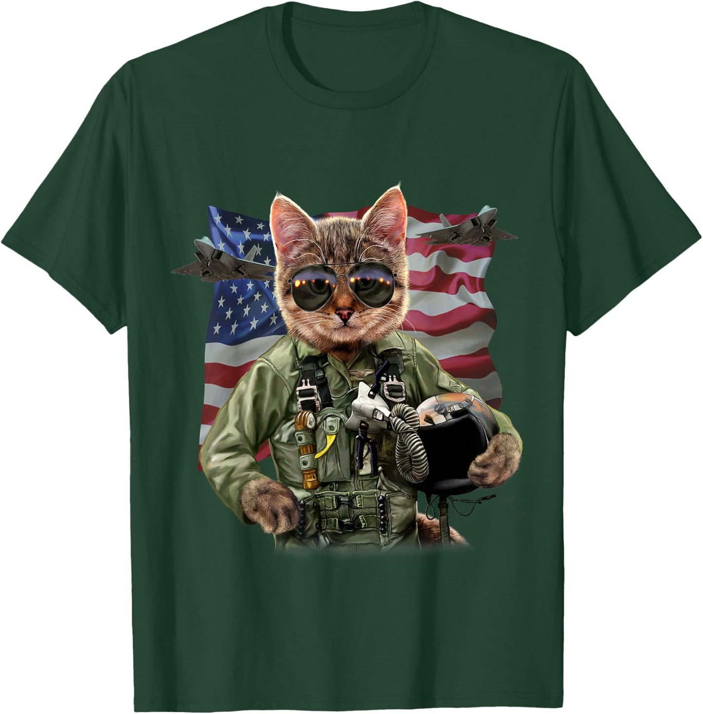 Cat Fighter Pilot with American Flag and Jets T-Shirt - T-Shirt | Forest