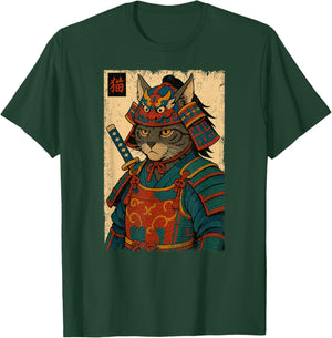 Japanese Samurai Gray Cat Vintage Japan Warrior Boys Girls T-Shirt - T-Shirt | Forest