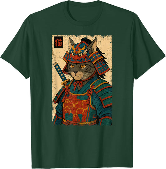 Japanese Samurai Gray Cat Vintage Japan Warrior Boys Girls T-Shirt - T-Shirt | Forest
