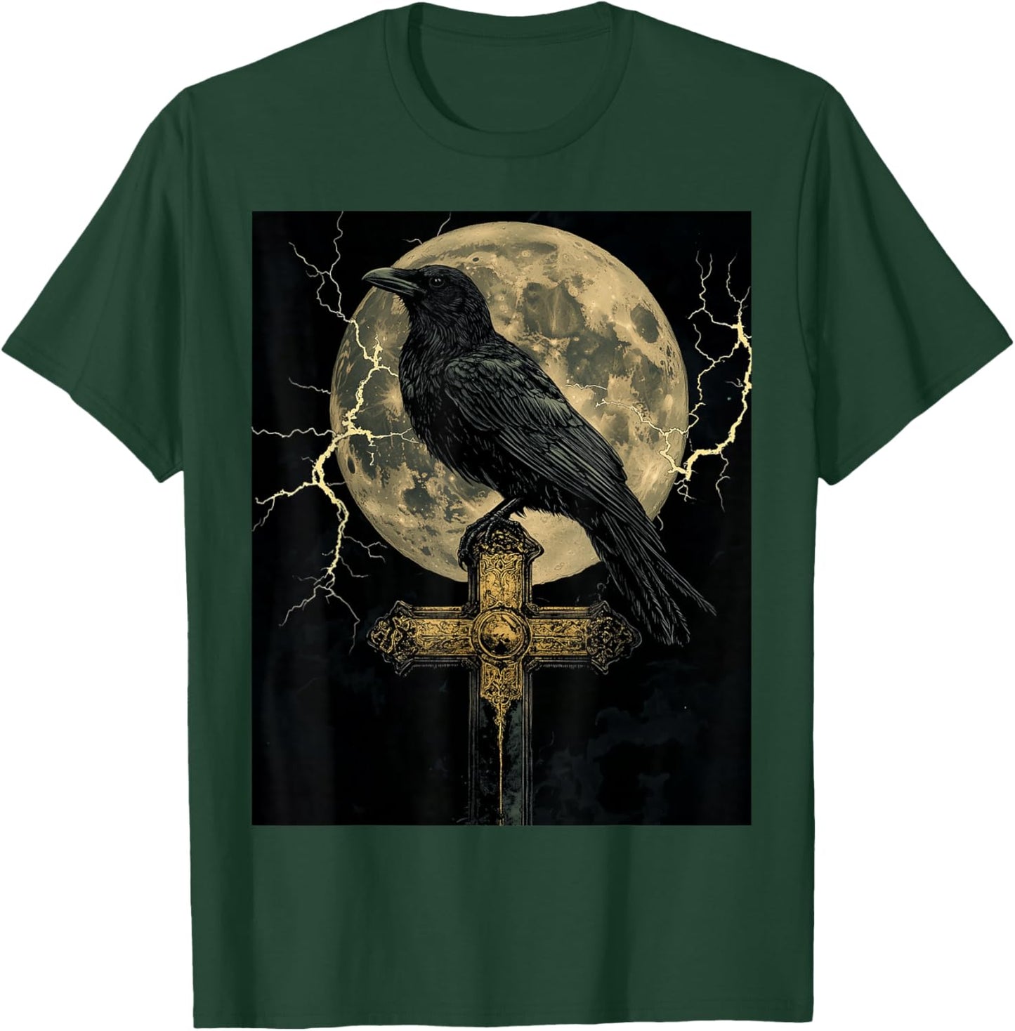 Raven Cross Moon Men Black Gothic Women Black Crow T-Shirt - T-Shirt | Forest