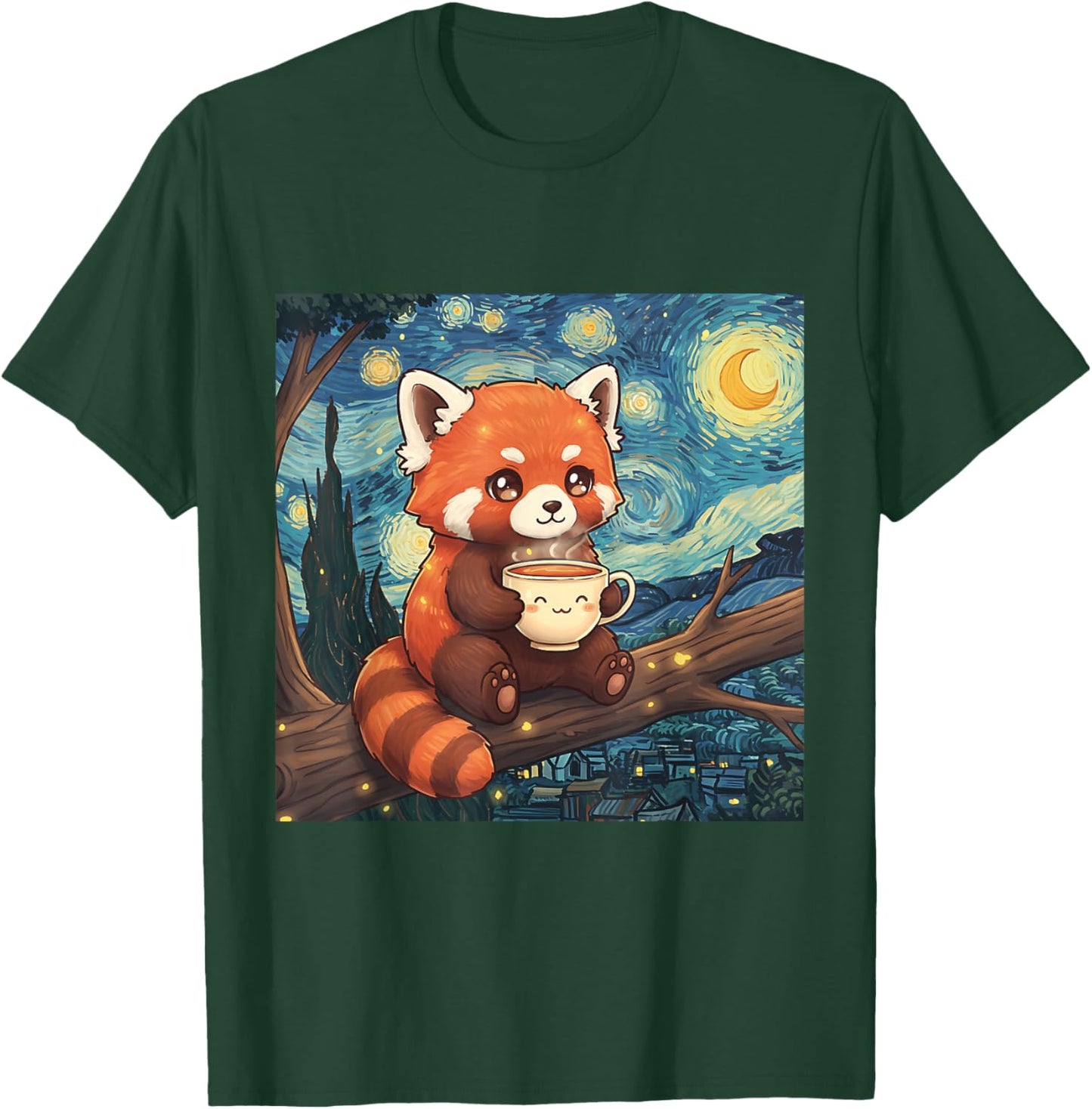 Fluffy Red Panda Holding Tea Cup Van Gogh Starry Night Art T-Shirt - T-Shirt | Forest