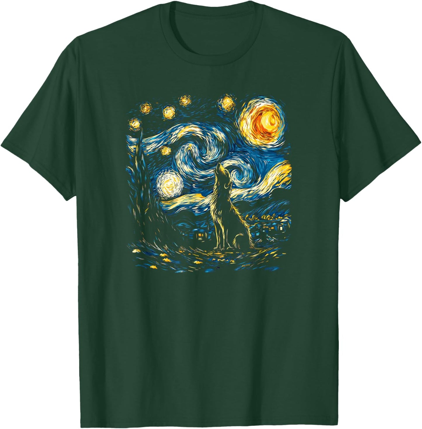 Wolf Starry Night Howling Moon Funny Van Gogh Graphic T-Shirt - T-Shirt | Forest