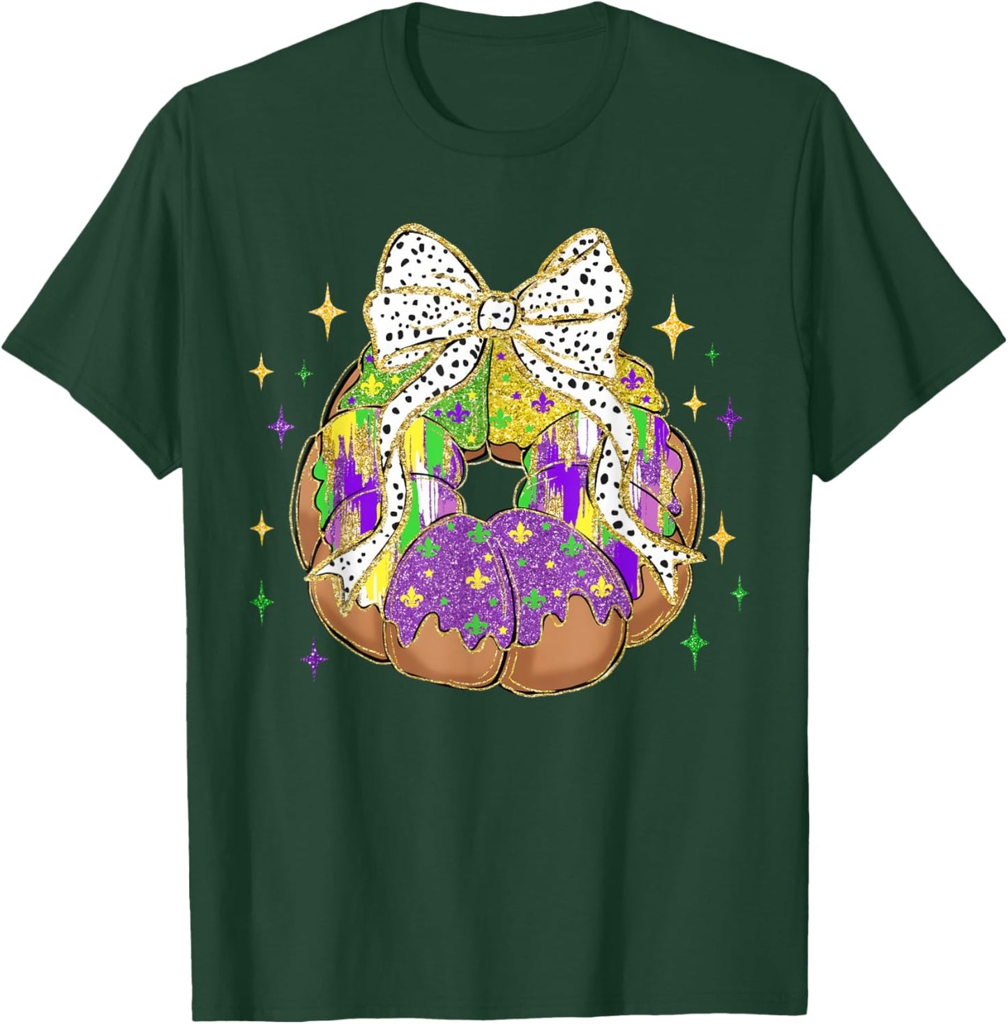 Retro King Cake Coquette Bow Beads Happy Mardi Gras Carnival T-Shirt - T-Shirt | Forest