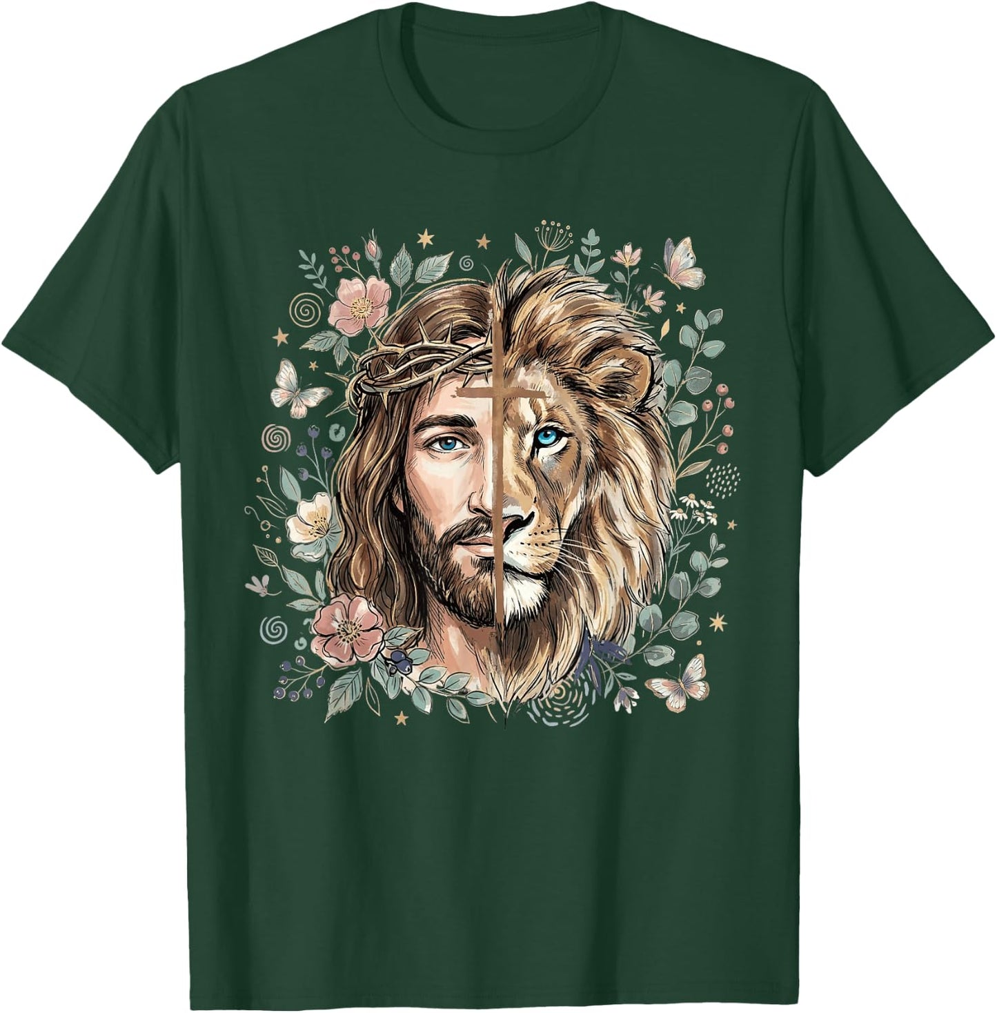 Lion of Judah Jesus Christian Cross Floral Faith Religious T-Shirt - T-Shirt | Forest