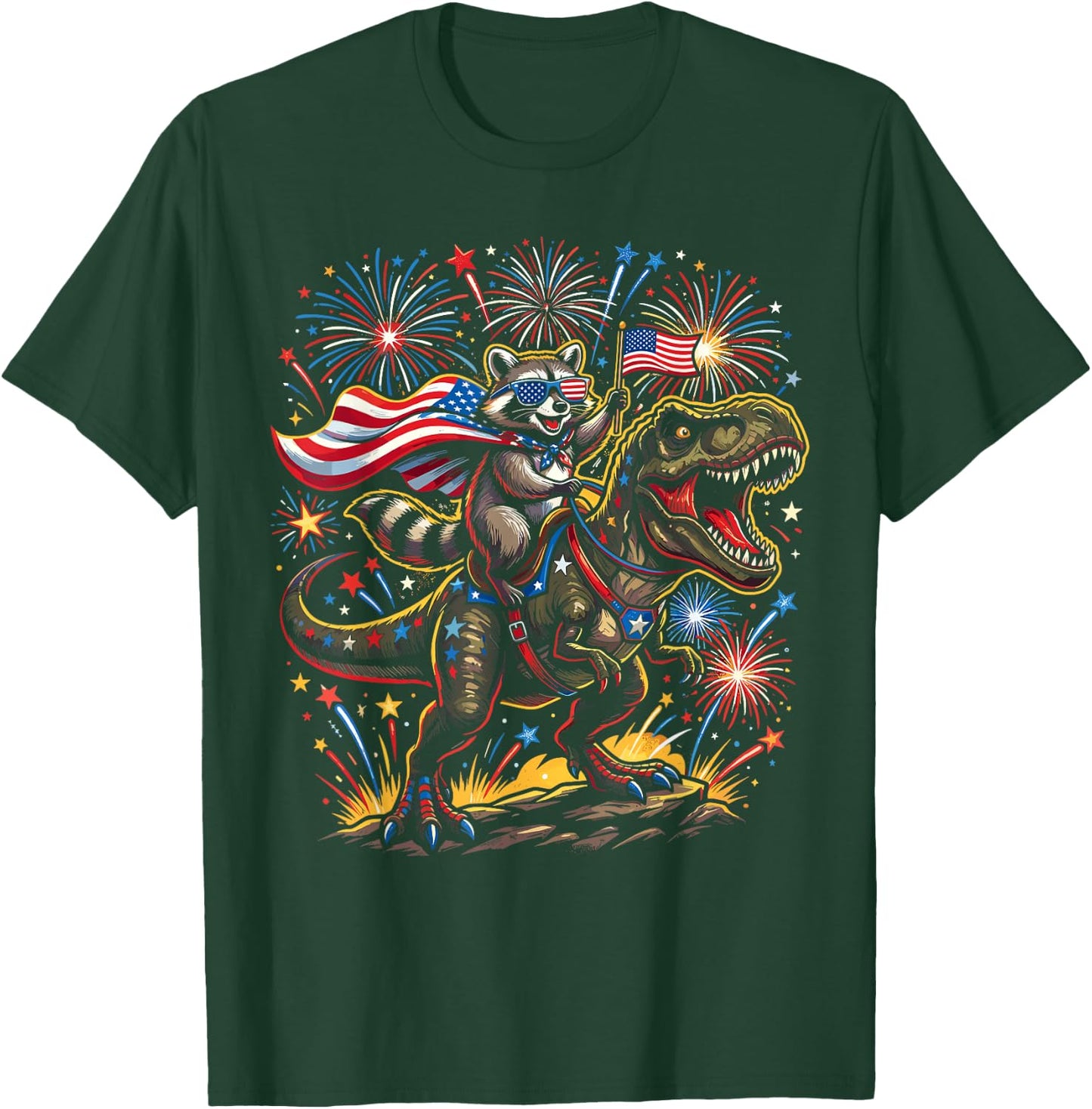 Funny 4th of July Shirts, Patriotic Raccoon Dinosaur T-Shirt - T-Shirt | Forest