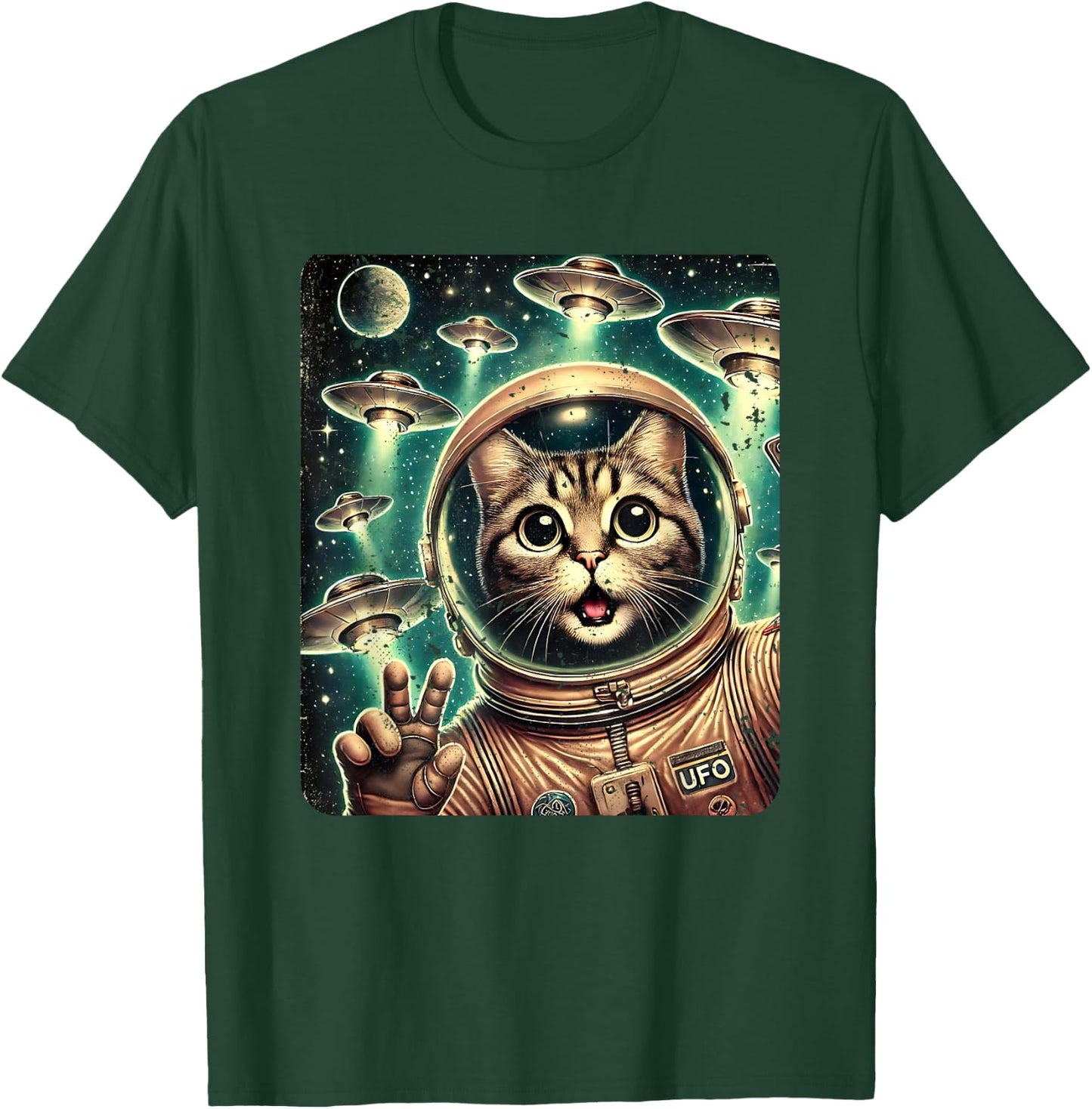 Space Cat Astronaut UFO Funny Sci-fi Alien Selfie T-Shirt - T-Shirt | Forest