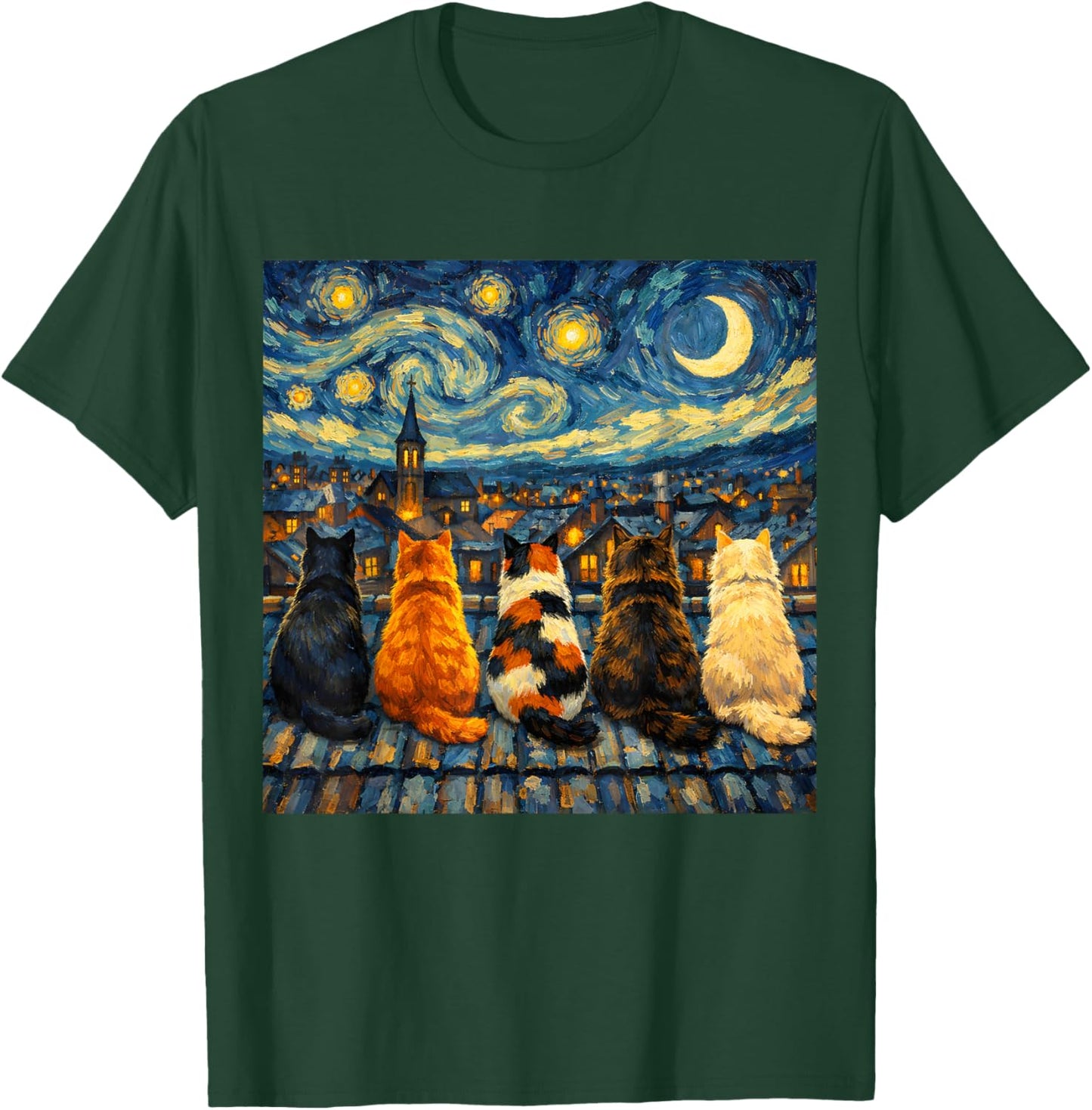 Funny Cat Starry Night Van Gogh Cats Rooftop Scene Feline T-Shirt - T-Shirt | Forest