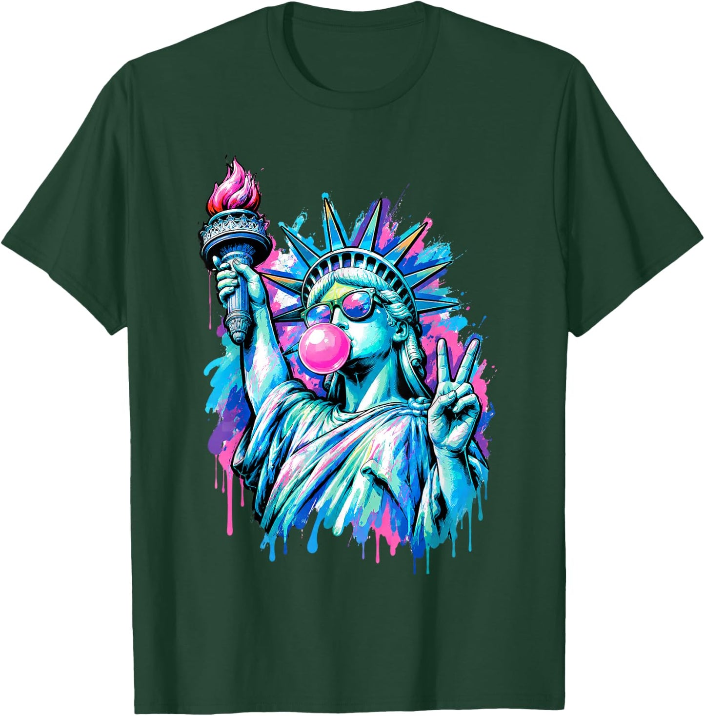 Funny Statue of Liberty Blowing Bubble Gum 4th of July Girl T-Shirt - T-Shirt | Forest