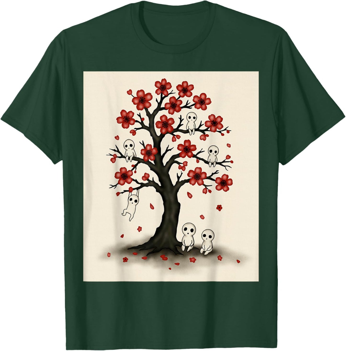 Cute Kodama Spirits in Sakura Red Blossom Tree Design T-Shirt - T-Shirt | Forest