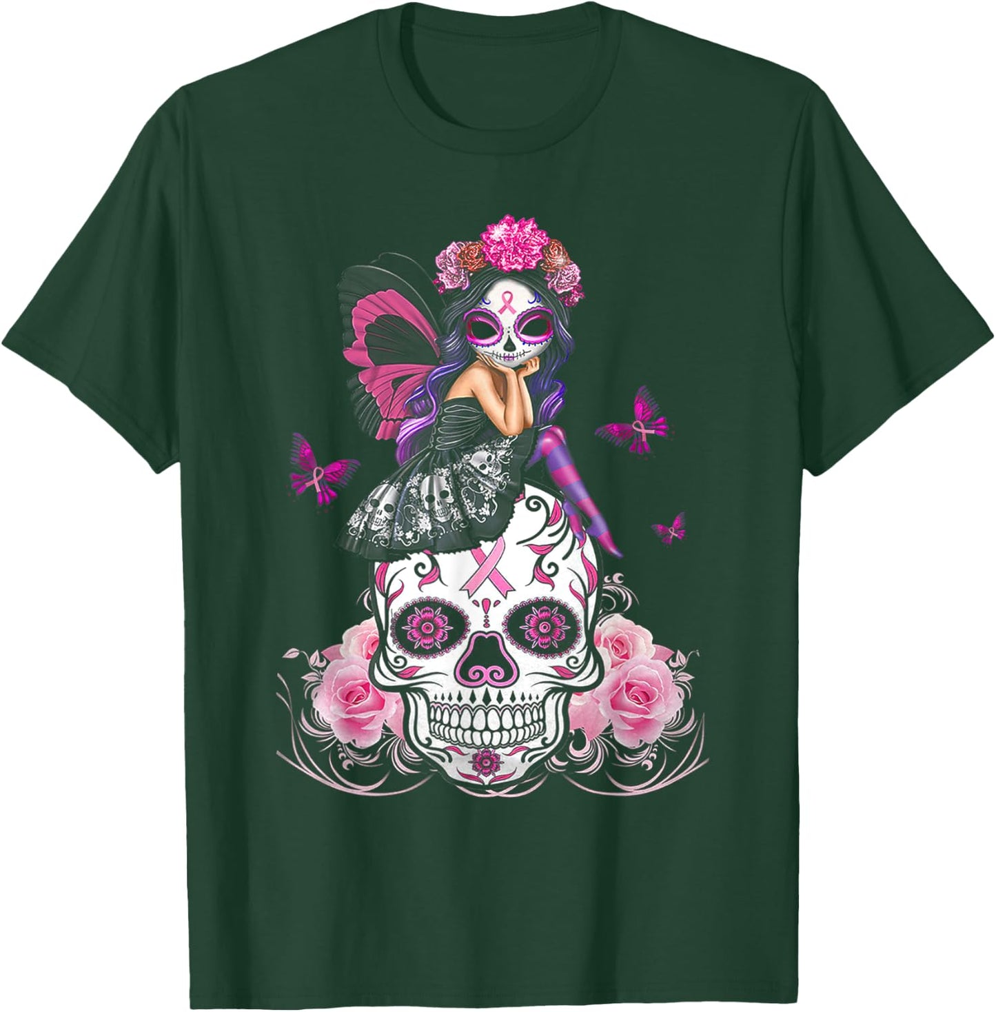 Cute Fairy Sugar Skull Breast Cancer Butterfly Pink Ribbon T-Shirt - T-Shirt | Forest