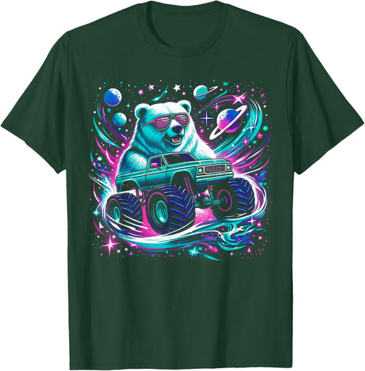 Cool Bear Driving Monster Truck in Cosmic Space T-Shirt - T-Shirt | Forest