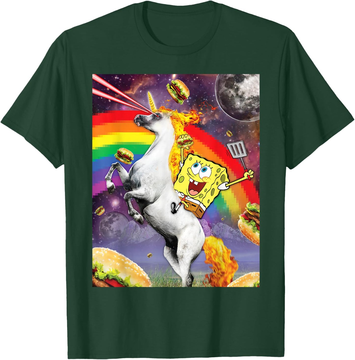 Spongebob SquarePants Unicorn Riding With Rainbow T-Shirt - T-Shirt | Forest