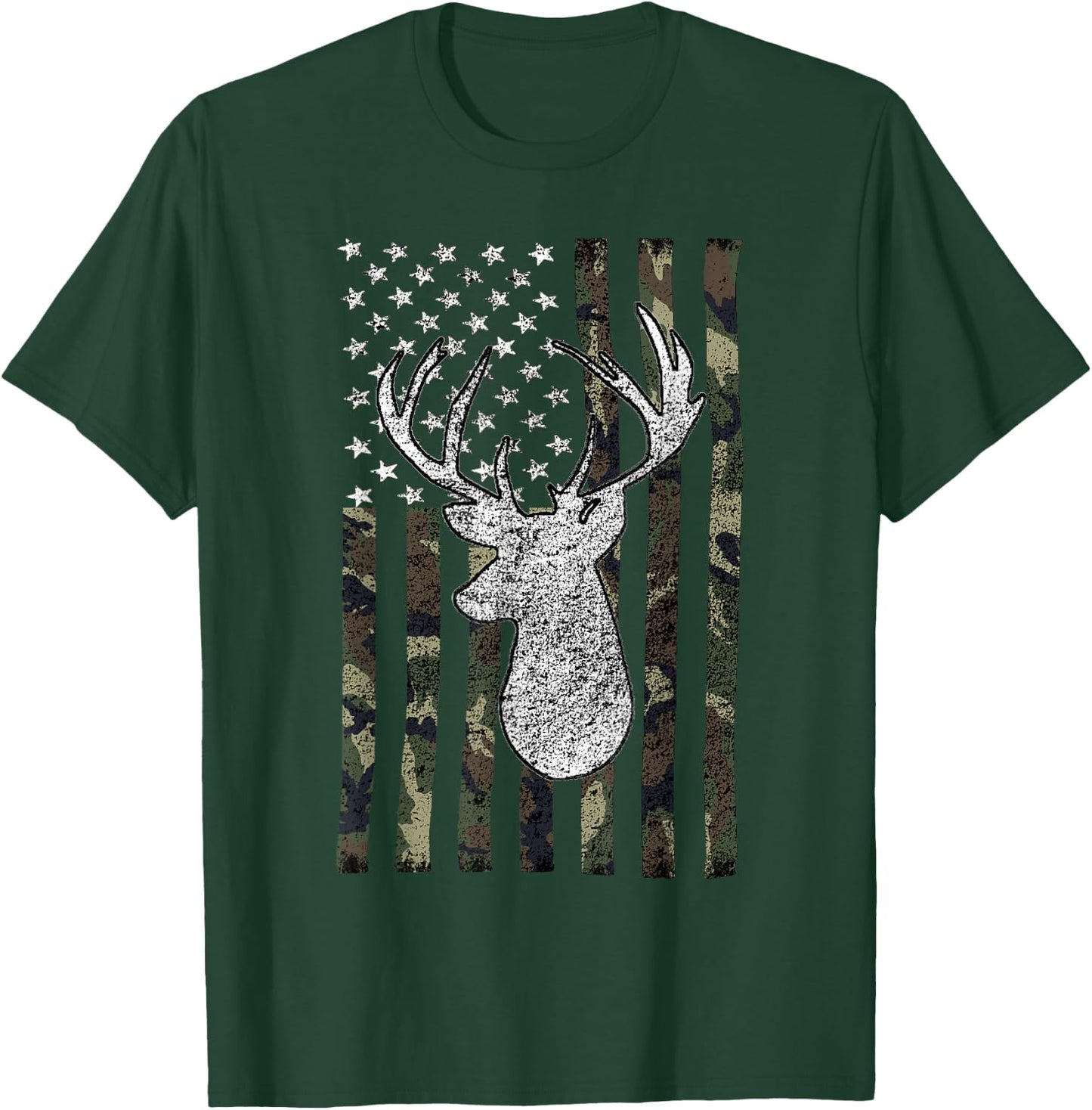 Whitetail Buck Deer Hunting American Camouflage USA Flag Short Sleeve T-Shirt - T-Shirt | Forest