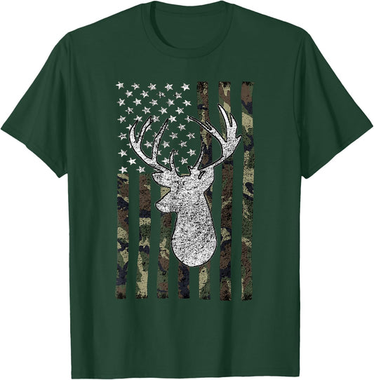 Whitetail Buck Deer Hunting American Camouflage USA Flag Short Sleeve T-Shirt - T-Shirt | Forest