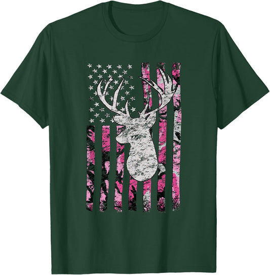 Deer Hunting Buck Pink Camouflage Flag T-Shirt - T-Shirt | Forest