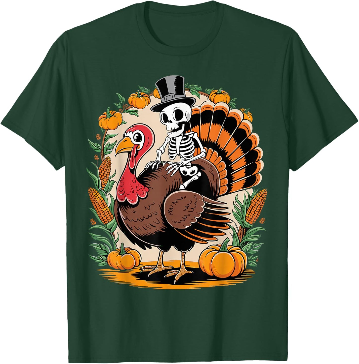 Skeleton Riding Turkey Thanksgiving Day Funny Fall Autumn T-Shirt - T-Shirt | Forest