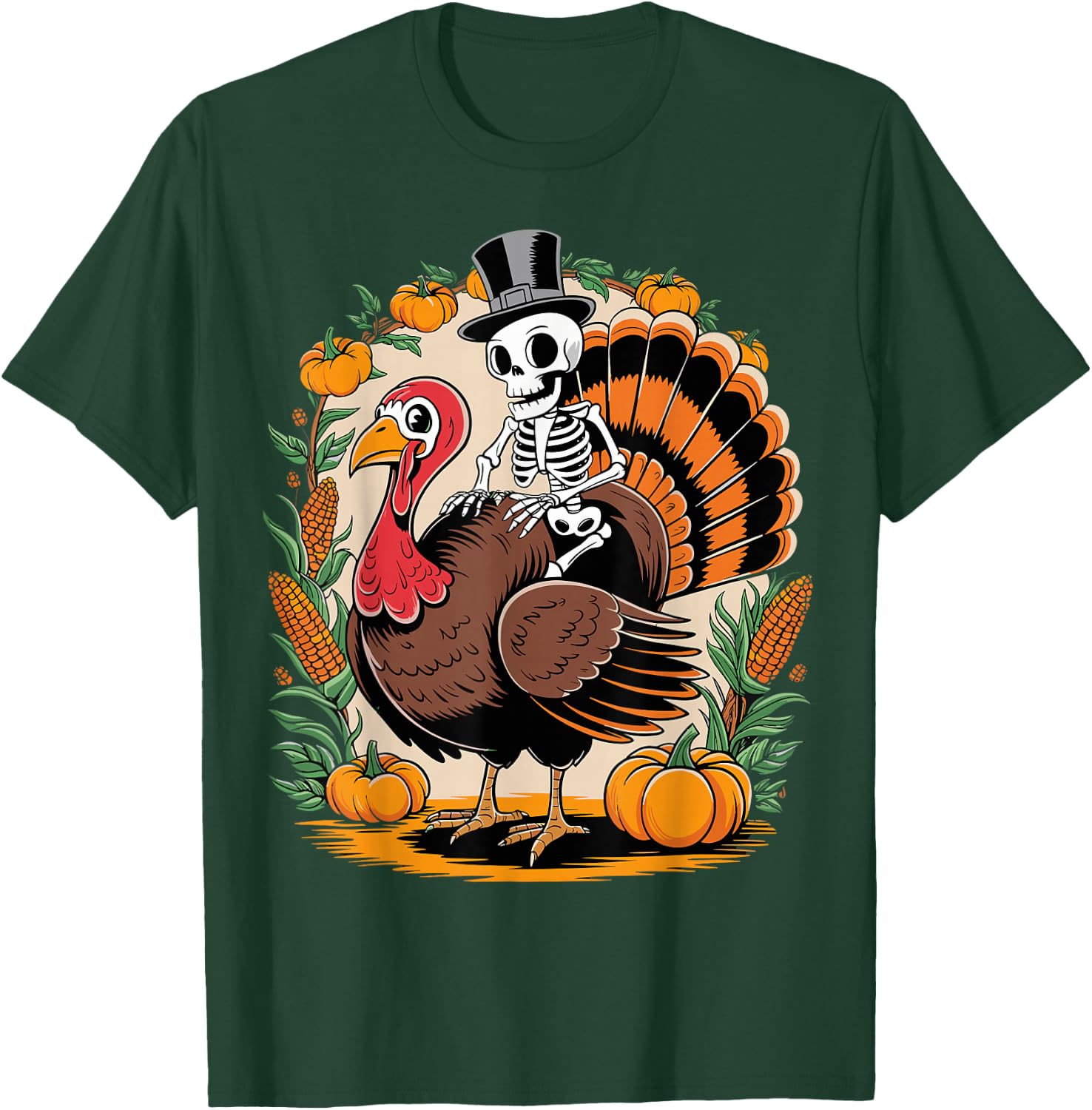 Skeleton Riding Turkey Thanksgiving Day Funny Fall Autumn T-Shirt - T-Shirt | Forest