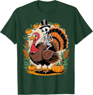 Skeleton Riding Turkey Thanksgiving Day Funny Fall Autumn T-Shirt - T-Shirt | Forest