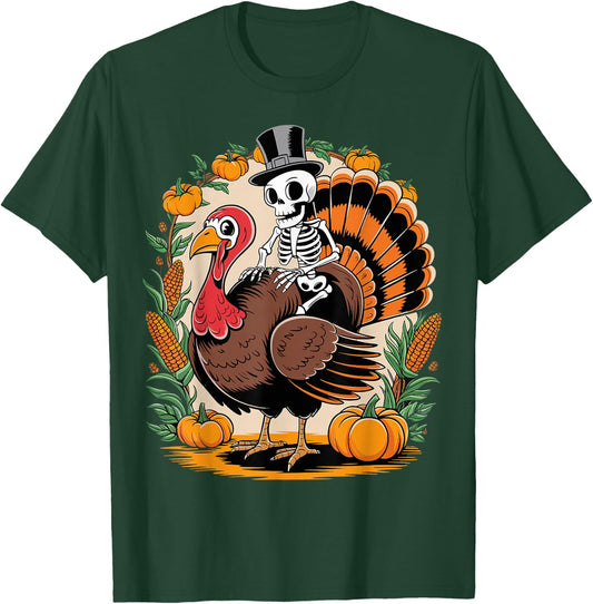 Skeleton Riding Turkey Thanksgiving Day Funny Fall Autumn T-Shirt - T-Shirt | Forest