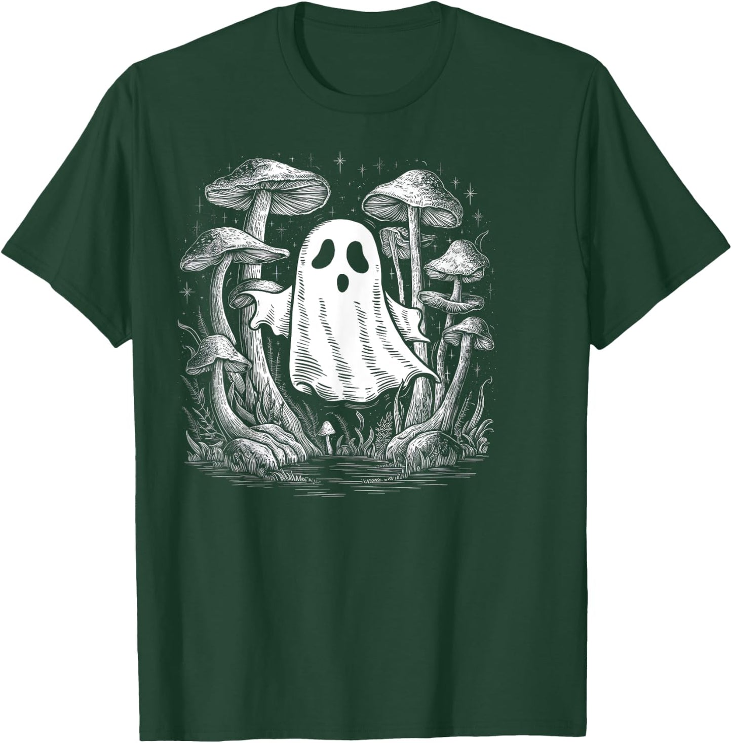Spooky Ghost In Forest Of Mushrooms T-Shirt - T-Shirt | Forest