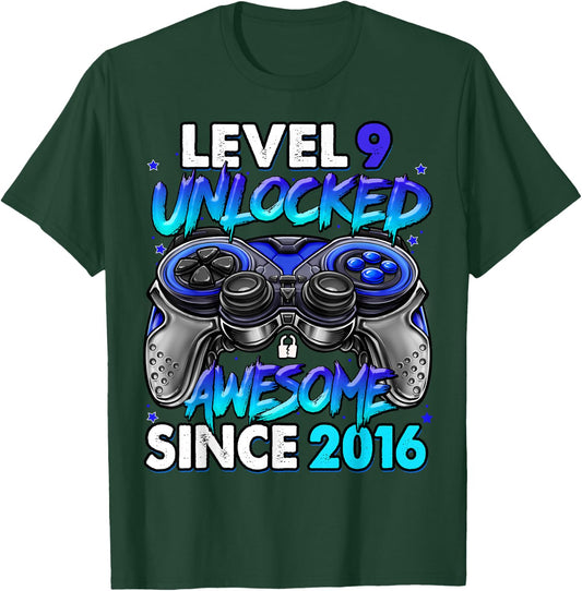 Level 9 Unlocked Awesome Since 2016 9th Birthday Gaming T-Shirt - T-Shirt | Forest